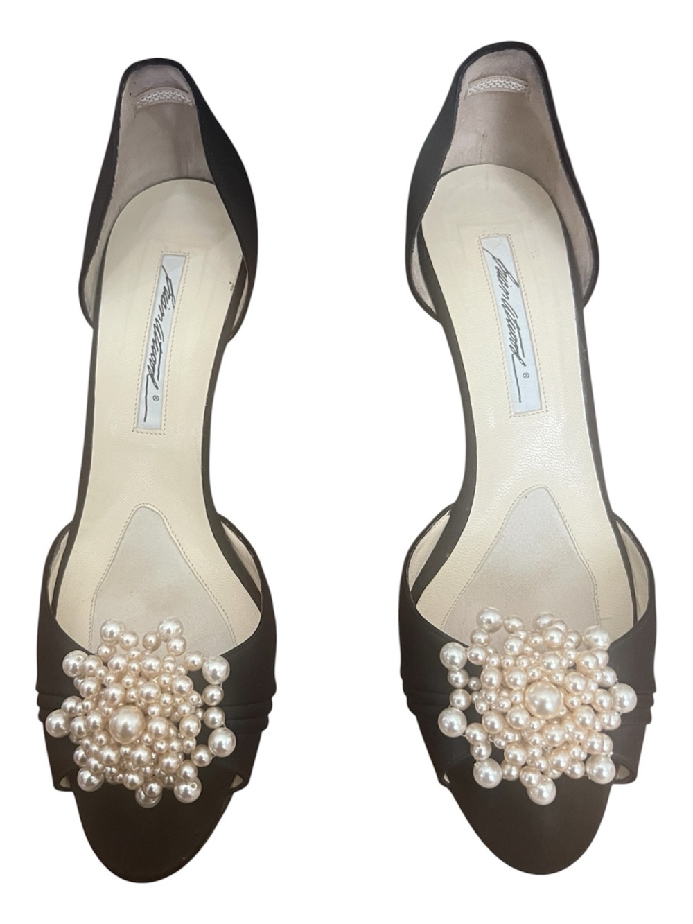 Brian Atwood Blk Satin Peep Toe d'Orsay Pearl Cluster Heels SZ 38 Party Wedding - Picture 3 of 12